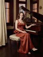 Rust Satin Sheath Square Neck Backless Ankle-Length Bridesmaid Dress with Ruffle - Curvevia