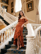 Rust Satin Sheath V-Neck Back Zip Asymmetrical Bridesmaid Dress with Cascading Ruffles - Curvevia