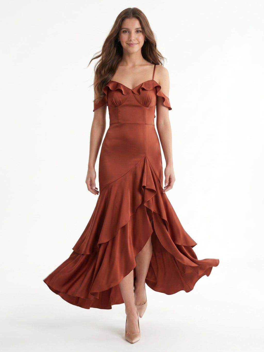 Rust Satin Sheath V-Neck Back Zip Asymmetrical Bridesmaid Dress with Cascading Ruffles - Curvevia