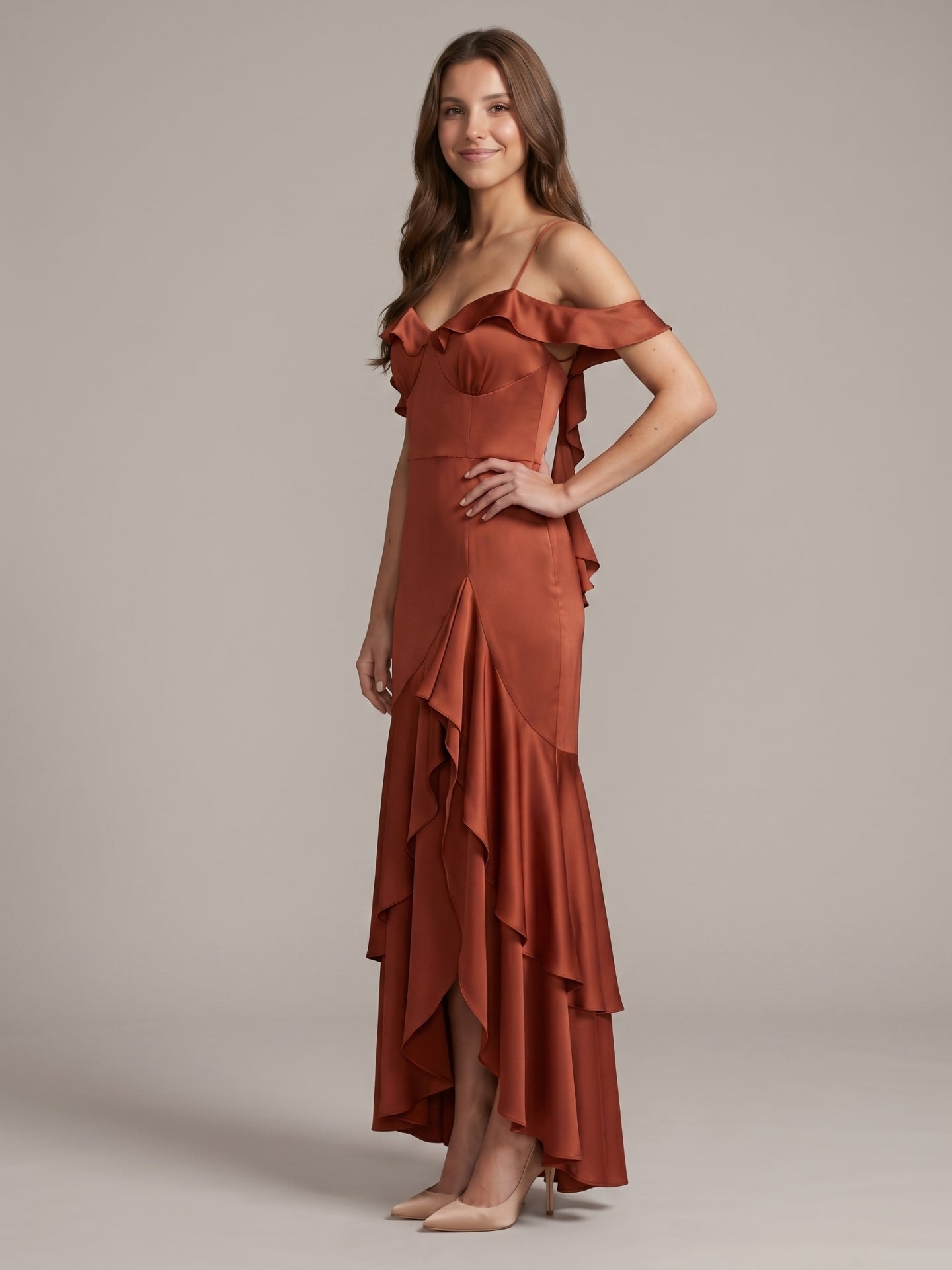 Rust Satin Sheath V-Neck Back Zip Asymmetrical Bridesmaid Dress with Cascading Ruffles - Curvevia