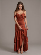 Rust Satin Sheath V-Neck Back Zip Asymmetrical Bridesmaid Dress with Cascading Ruffles - Curvevia