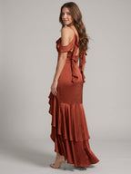 Rust Satin Sheath V-Neck Back Zip Asymmetrical Bridesmaid Dress with Cascading Ruffles - Curvevia