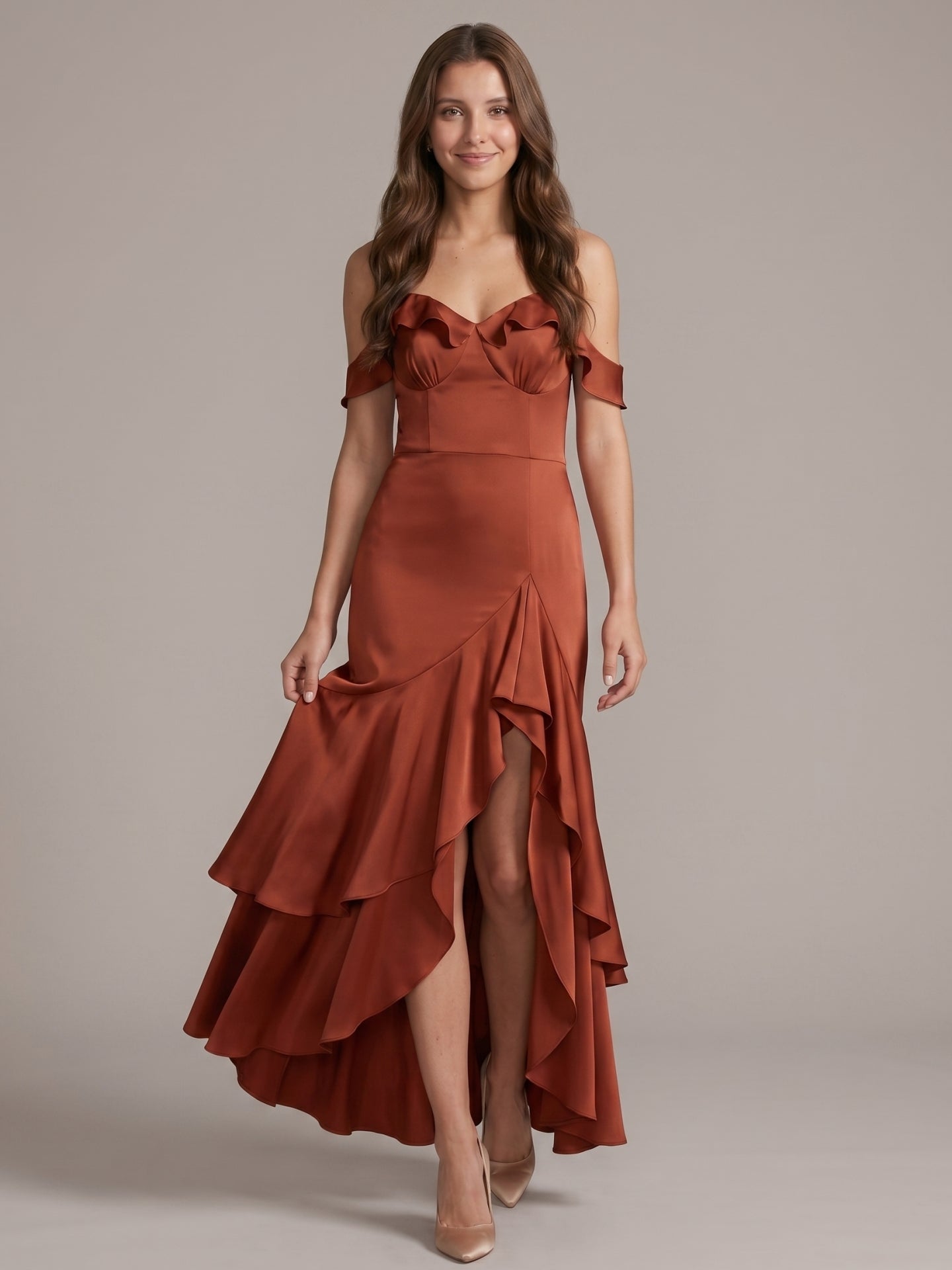 Rust Satin Sheath V-Neck Back Zip Asymmetrical Bridesmaid Dress with Cascading Ruffles - Curvevia