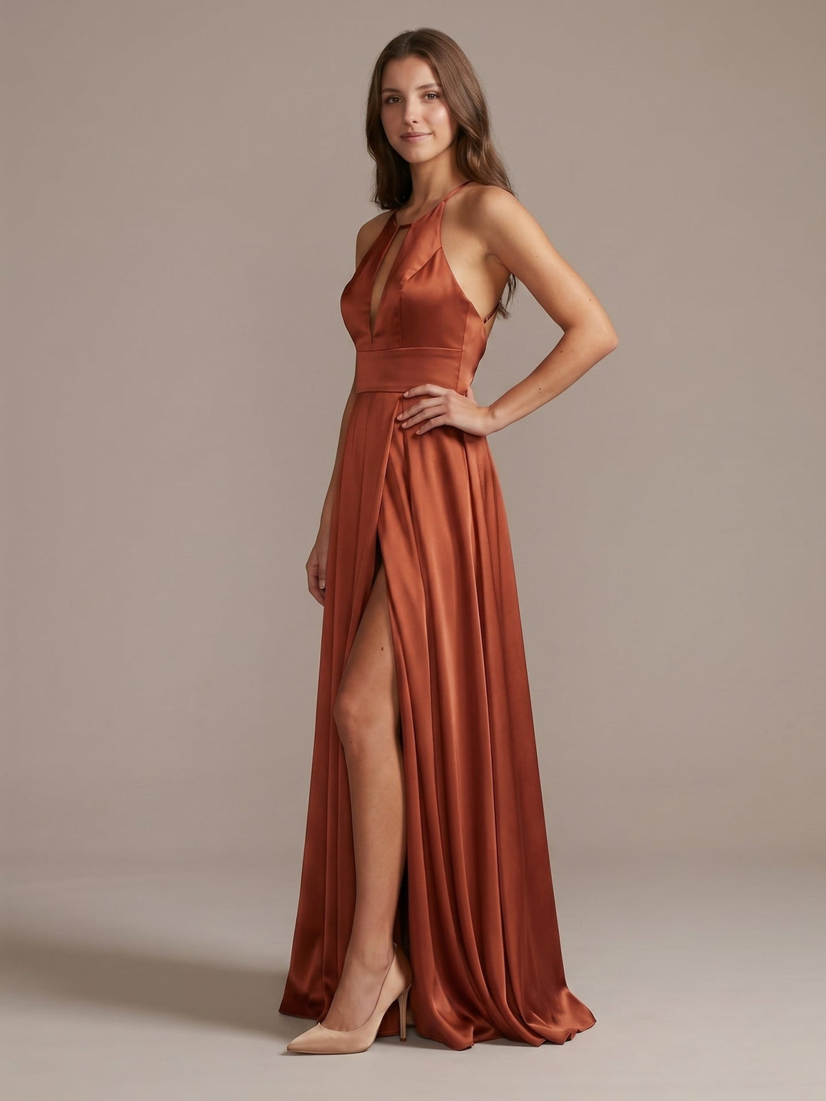 Rust Satin A-Line Halter Backless Floor-Length Bridesmaid Dress with Pleated Details - Curvevia