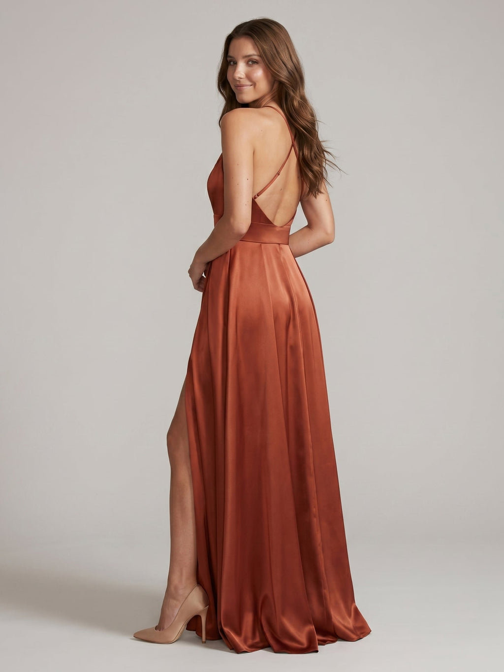 Rust Satin A-Line Halter Backless Floor-Length Bridesmaid Dress with Pleated Details - Curvevia