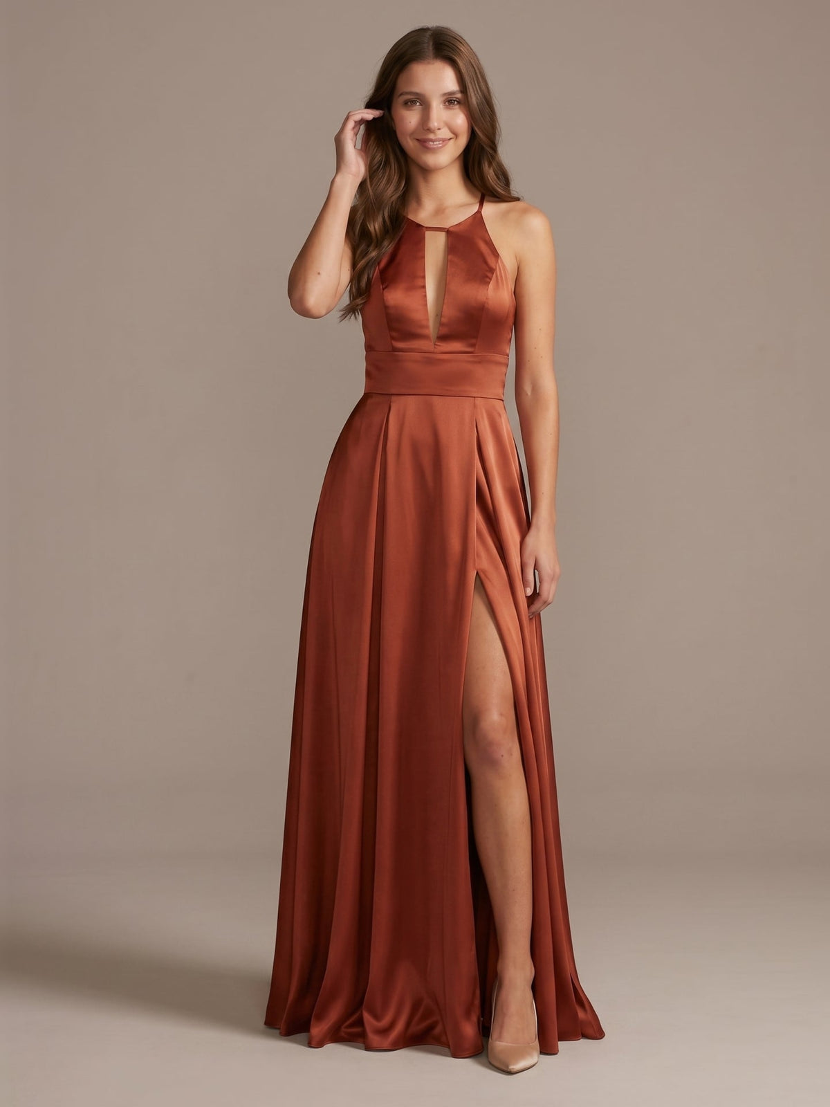 Rust Satin A-Line Halter Backless Floor-Length Bridesmaid Dress with Pleated Details - Curvevia