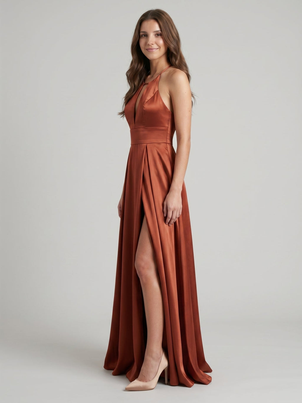 Rust Satin A-Line Halter Backless Floor-Length Bridesmaid Dress with Pleated Details - Curvevia