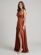 Rust Satin A-Line Halter Backless Floor-Length Bridesmaid Dress with Pleated Details - Curvevia
