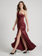 Rust Satin Trumpet One Shoulder Floor-Length Bridesmaid Dress with Pleated Details - Curvevia