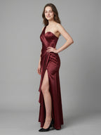 Rust Satin Trumpet One Shoulder Floor-Length Bridesmaid Dress with Pleated Details - Curvevia
