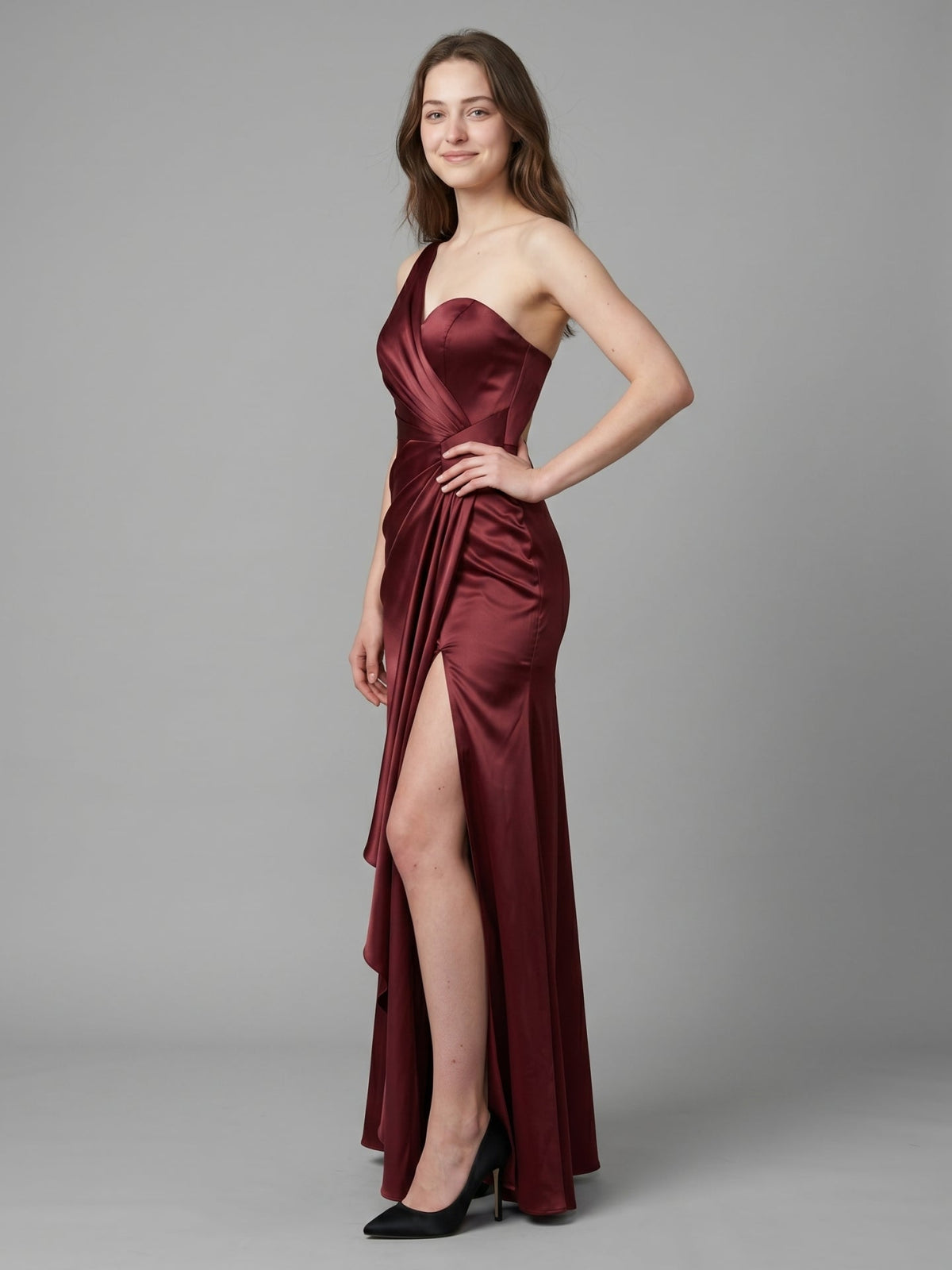 Rust Satin Trumpet One Shoulder Floor-Length Bridesmaid Dress with Pleated Details - Curvevia