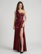 Rust Satin Trumpet One Shoulder Floor-Length Bridesmaid Dress with Pleated Details - Curvevia