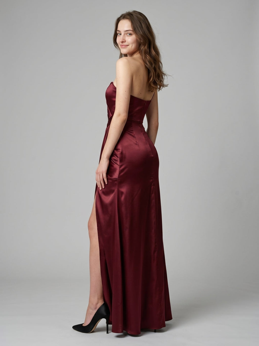Rust Satin Trumpet One Shoulder Floor-Length Bridesmaid Dress with Pleated Details - Curvevia