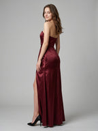Rust Satin Trumpet One Shoulder Floor-Length Bridesmaid Dress with Pleated Details - Curvevia