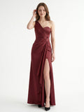 Rust Satin Trumpet One Shoulder Floor-Length Bridesmaid Dress with Pleated Details - Curvevia