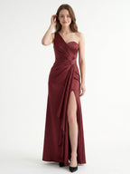 Rust Satin Trumpet One Shoulder Floor-Length Bridesmaid Dress with Pleated Details - Curvevia