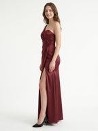 Rust Satin Trumpet One Shoulder Floor-Length Bridesmaid Dress with Pleated Details - Curvevia