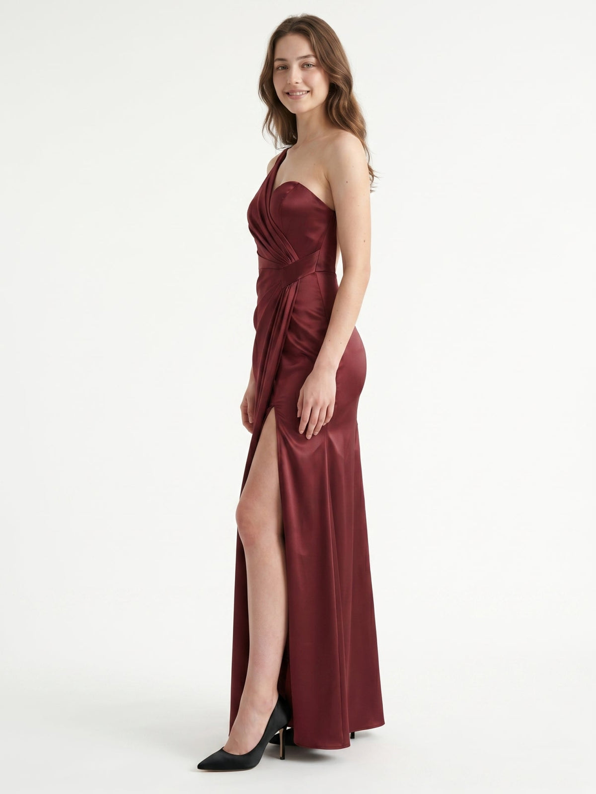 Rust Satin Trumpet One Shoulder Floor-Length Bridesmaid Dress with Pleated Details - Curvevia