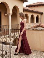 Rust Satin Trumpet One Shoulder Floor-Length Bridesmaid Dress with Pleated Details - Curvevia