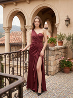 Rust Satin Trumpet One Shoulder Floor-Length Bridesmaid Dress with Pleated Details - Curvevia