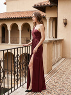 Rust Satin Trumpet One Shoulder Floor-Length Bridesmaid Dress with Pleated Details - Curvevia