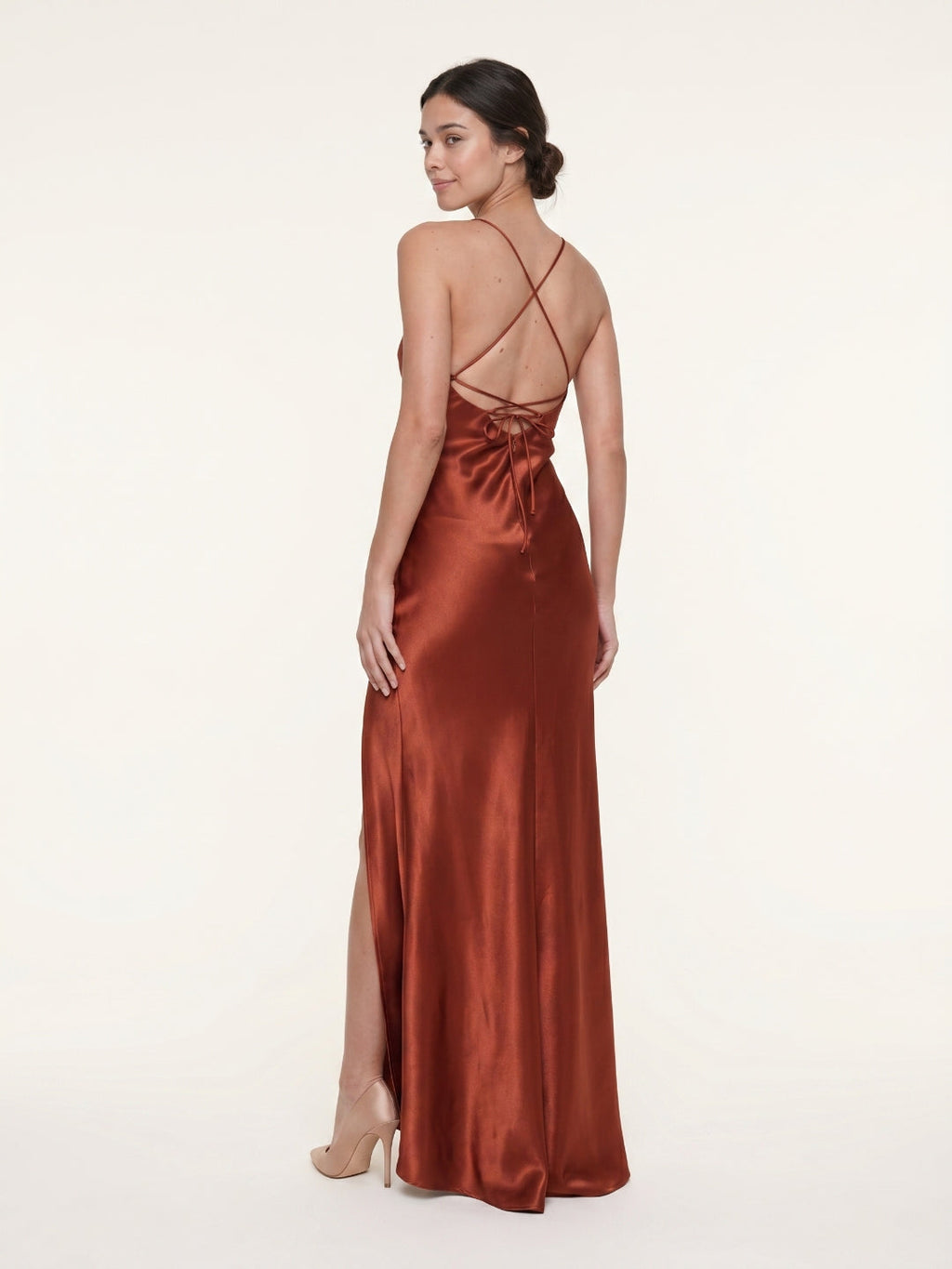 Rust Satin Trumpet Scoop Neck Lace-up Ankle-Length Bridesmaid Dress with Pleats - Curvevia