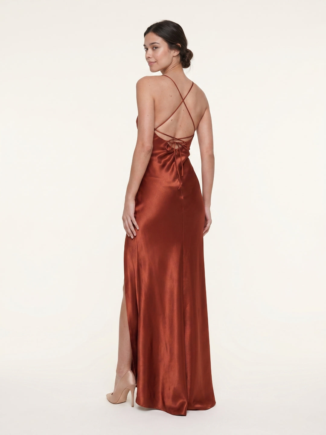 Rust Satin Trumpet Scoop Neck Lace-up Ankle-Length Bridesmaid Dress with Pleats - Curvevia