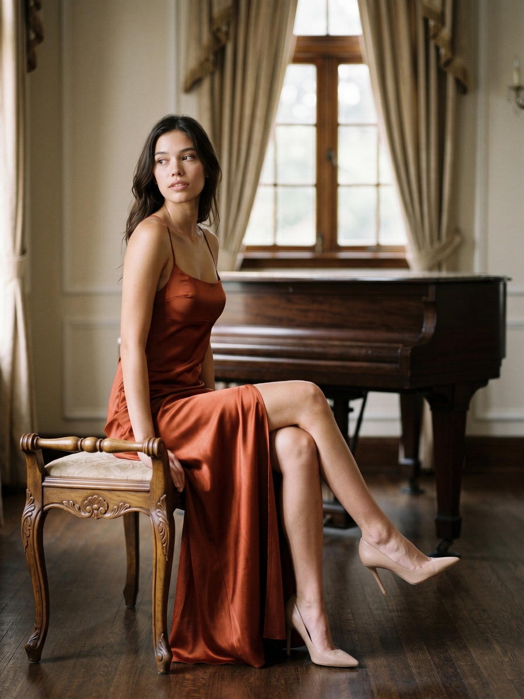 Rust Satin Trumpet Scoop Neck Lace-up Ankle-Length Bridesmaid Dress with Pleats - Curvevia
