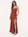 Rust Satin Trumpet Scoop Neck Lace-up Ankle-Length Bridesmaid Dress with Pleats - Curvevia
