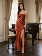 Rust Satin Trumpet Scoop Neck Lace-up Ankle-Length Bridesmaid Dress with Pleats - Curvevia