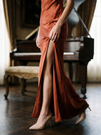 Rust Satin Trumpet Scoop Neck Lace-up Ankle-Length Bridesmaid Dress with Pleats - Curvevia