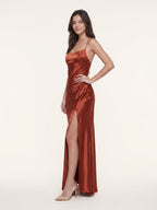 Rust Satin Trumpet Scoop Neck Lace-up Ankle-Length Bridesmaid Dress with Pleats - Curvevia