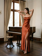 Rust Satin Trumpet Scoop Neck Lace-up Ankle-Length Bridesmaid Dress with Pleats - Curvevia