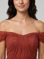 Rust Stretch Knit Sheath Off-the-Shoulder Back Zip Short Homecoming Dress - Curvevia