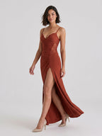 Rust Stretch Knit Trumpet V-Neck Back Zip Floor-Length Birthday Dress - Curvevia
