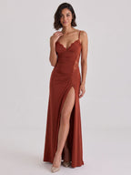 Rust Stretch Knit Trumpet V-Neck Back Zip Floor-Length Birthday Dress - Curvevia