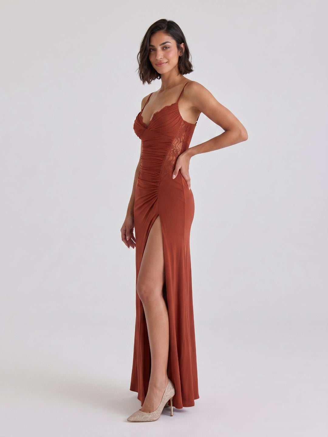 Rust Stretch Knit Trumpet V-Neck Back Zip Floor-Length Birthday Dress - Curvevia