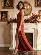 Rust Stretch Knit Trumpet V-Neck Back Zip Floor-Length Birthday Dress - Curvevia