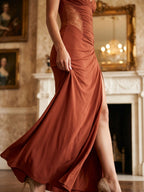 Rust Stretch Knit Trumpet V-Neck Back Zip Floor-Length Birthday Dress - Curvevia