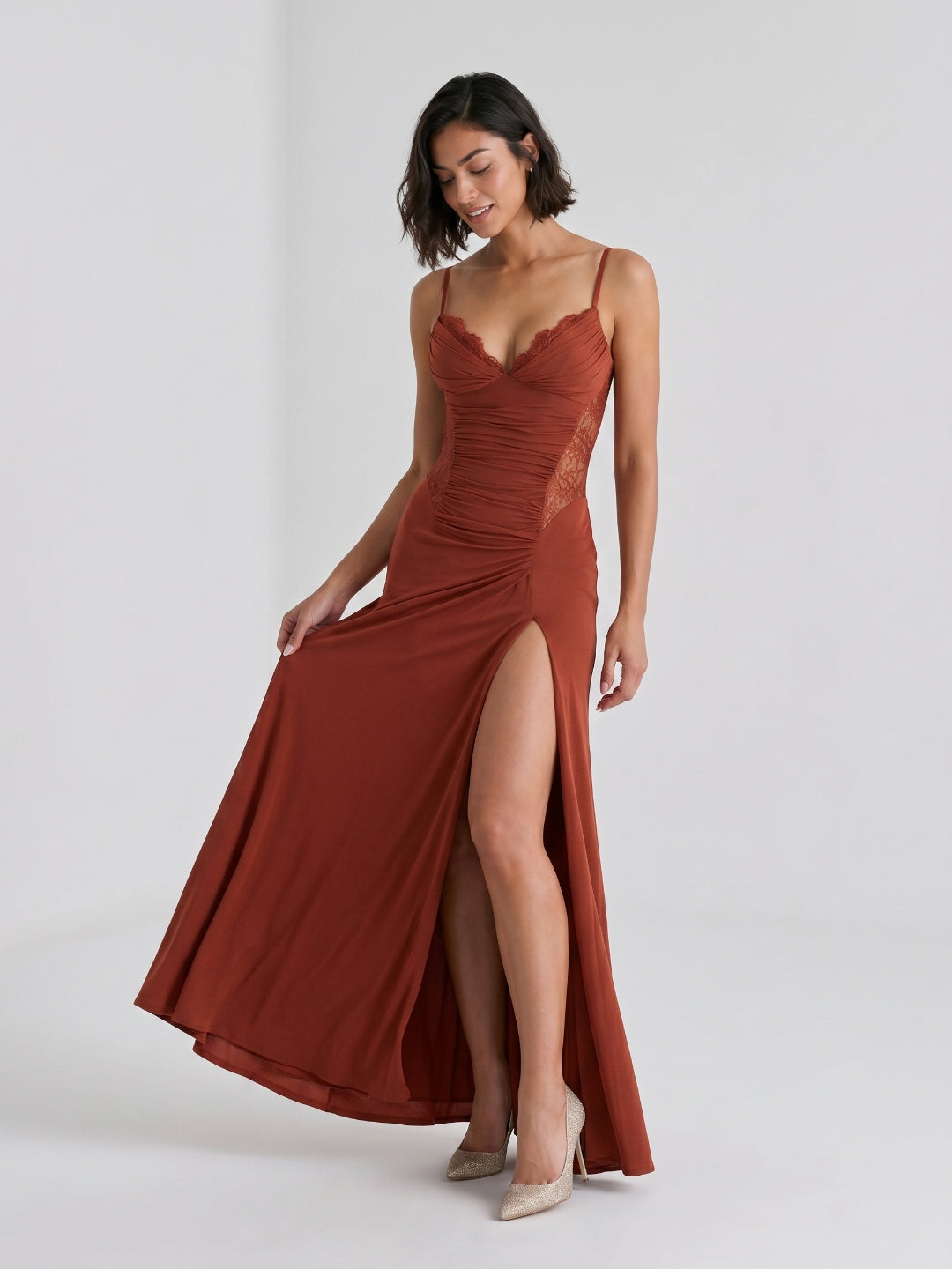 Rust Stretch Knit Trumpet V-Neck Back Zip Floor-Length Birthday Dress - Curvevia