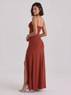 Rust Stretch Knit Trumpet V-Neck Back Zip Floor-Length Birthday Dress - Curvevia