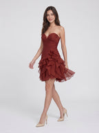 Rust Tulle A-Line V-Neck Lace-Up Back Short Birthday Dress with Cascading Ruffles - Curvevia