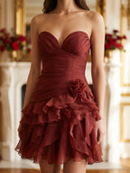 Rust Tulle A-Line V-Neck Lace-Up Back Short Birthday Dress with Cascading Ruffles - Curvevia
