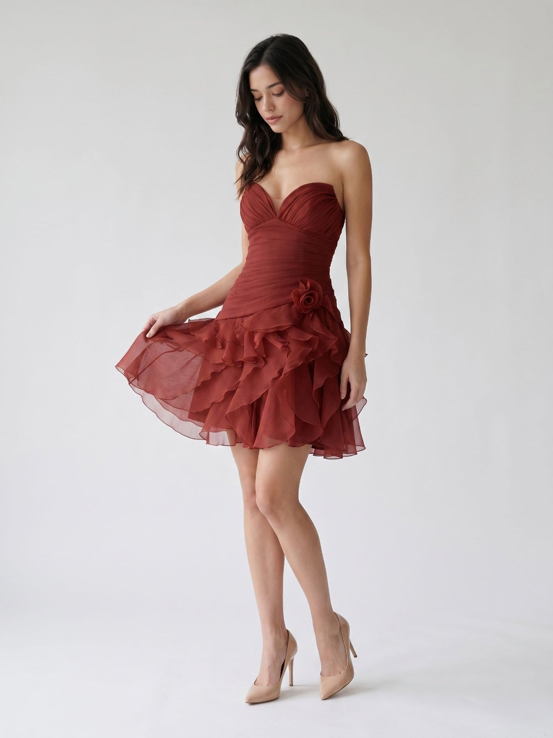 Rust Tulle A-Line V-Neck Lace-Up Back Short Birthday Dress with Cascading Ruffles - Curvevia