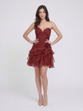 Rust Tulle A-Line V-Neck Lace-Up Back Short Birthday Dress with Cascading Ruffles - Curvevia
