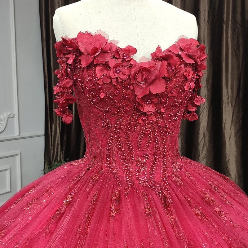 Red Quinceanera Dress Ball Gown Sequined Flowers - Curvevia