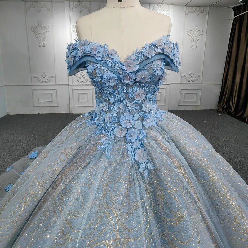Quinceanera Blue  Off-the-Shoulder  Ball Gown Flower Dress - Curvevia
