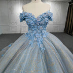 Quinceanera Blue  Off-the-Shoulder  Ball Gown Flower Dress - Curvevia