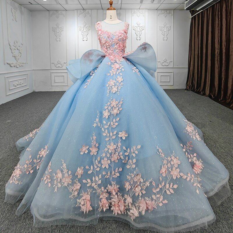 Quinceanera Sky Blue Flower Ball Gown Dress - Curvevia