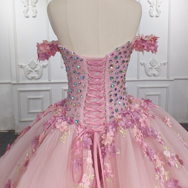 Quinceanera Ball Gown  Off-the-Shoulder  Sequined Pink Dress - Curvevia